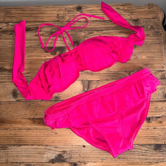 NWT Kenneth Cole Swimsuit Top Pink Ruffle Tie Neck Size Med - Picture 7 of 11